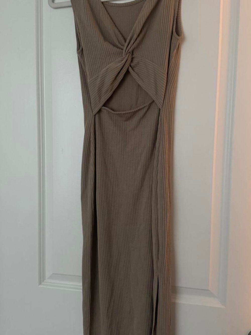Knit Twist-Front Sleeveless Bodycon Dress in Taupe